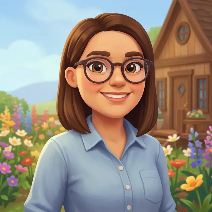 Katie Allred drawn as a Wylde Flowers villager: shoulder-length brown hair, round dark glasses, a big smile and a blue chambray shirt, standing in a wildflower garden in front of a wooden cottage
