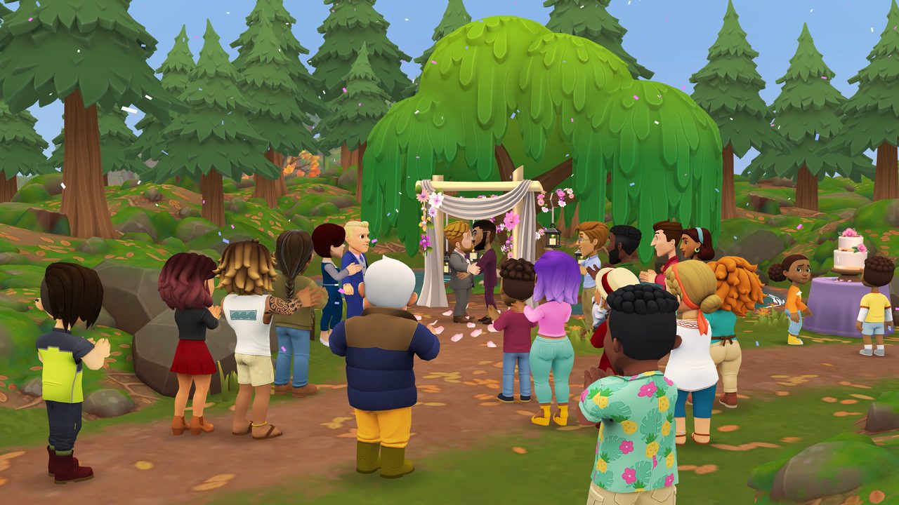 Francis and Angus kiss beneath a flowered arch at their woodland wedding while the town celebrates.