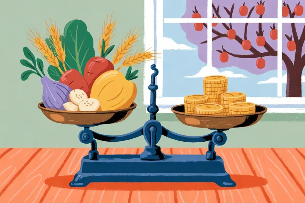 Storybook illustration of a brass balance scale weighing vegetables and wheat against a stack of gold coins, with a fruit tree outside the window.