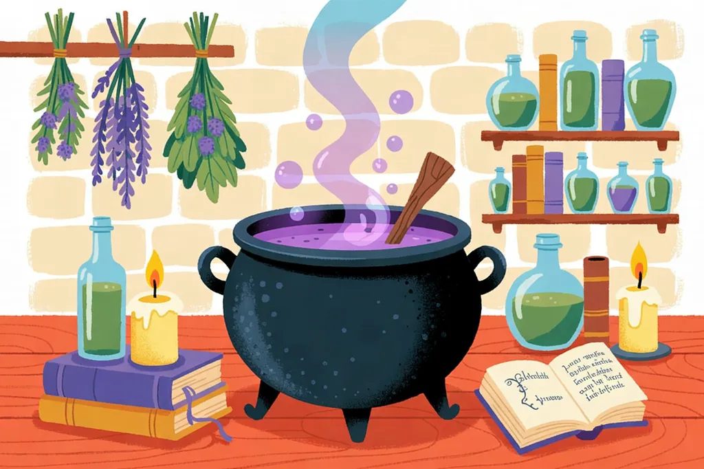 Storybook illustration of a black cauldron bubbling with violet potion in a stone cellar, with drying herbs, potion bottles, candles, and an open spellbook.