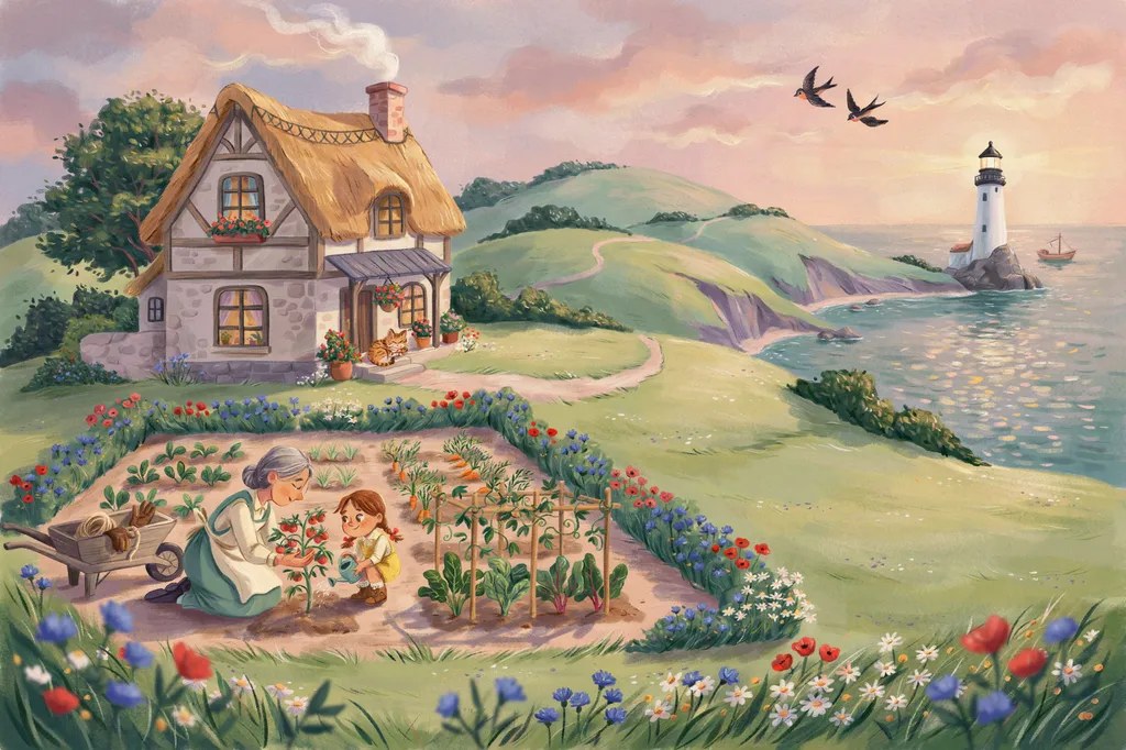 Fan art of a grandmother and granddaughter tending a garden beside a snug farmhouse at golden hour, lighthouse and sea beyond.