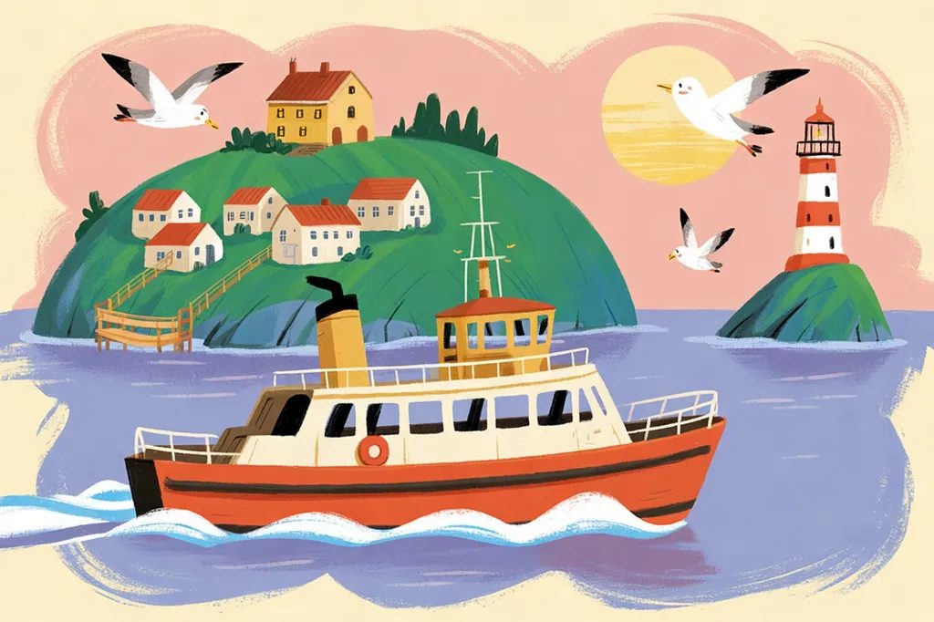 Storybook illustration of a red ferry crossing toward a green island village with a lighthouse, gulls overhead.