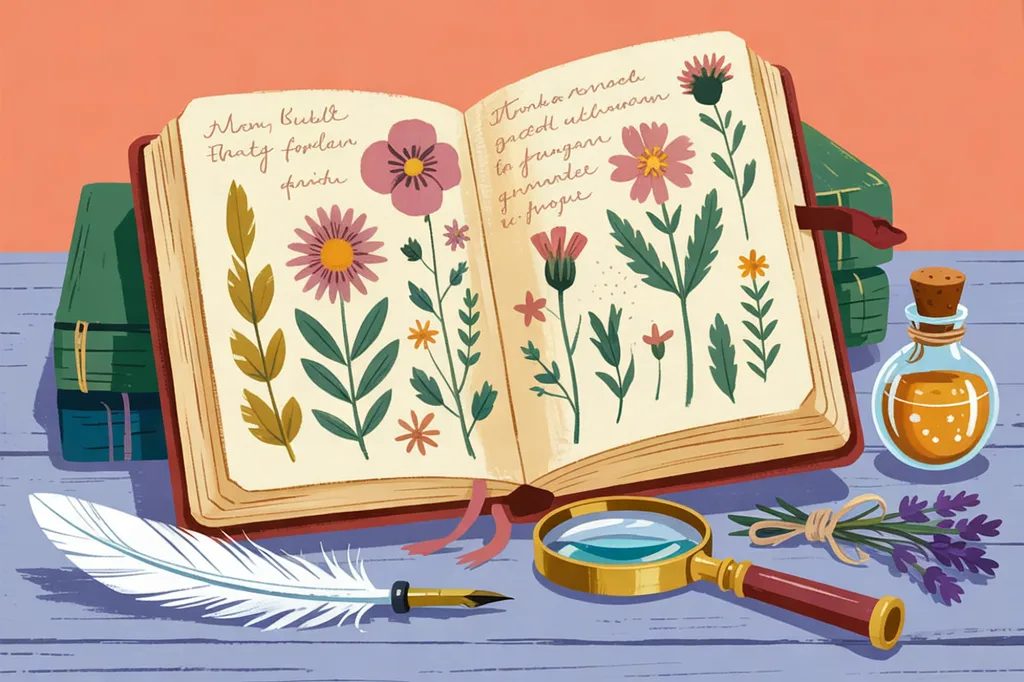 Storybook illustration of an open botanical journal full of pressed flowers on a desk, with a quill, a magnifying glass, a potion bottle, and a sprig of lavender.
