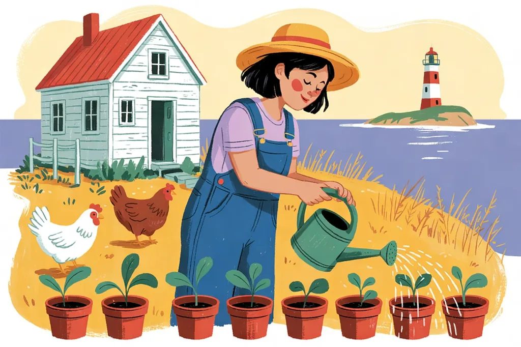 Storybook illustration of a young farmer in overalls and a straw hat watering seedlings beside a white farmhouse, with hens nearby and a lighthouse across the water.