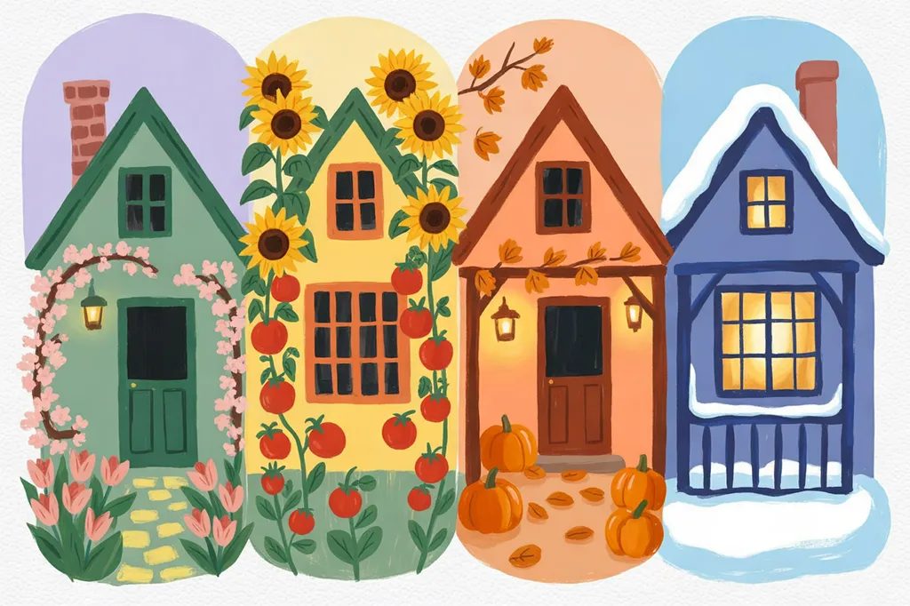 Storybook illustration of four cottages side by side, one for each season: spring tulips, summer sunflowers and tomatoes, autumn pumpkins, and winter snow.