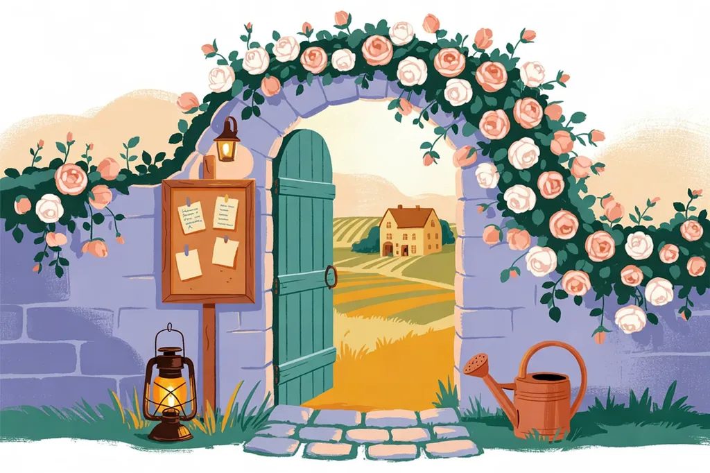 Storybook illustration of a rose-covered garden gate in a stone wall with a notice board, a lantern, and a watering can, and a farmhouse in the fields beyond.