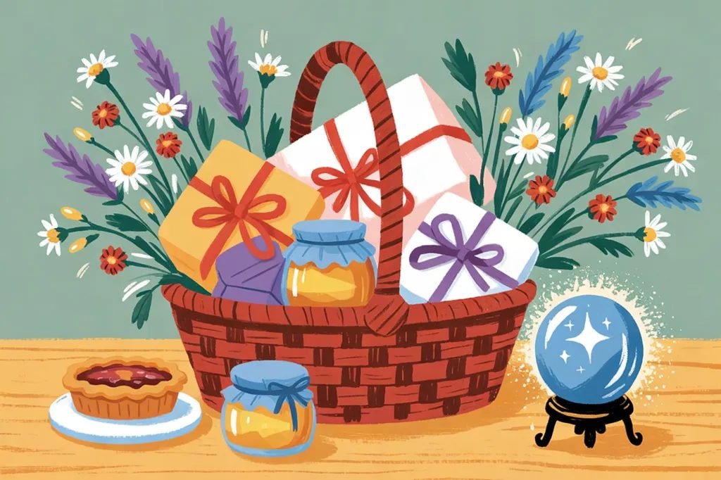 Storybook illustration of a wicker basket of ribbon-tied gifts, wildflowers, and honey jars on a table, with a small pie and a glowing crystal ball beside it.