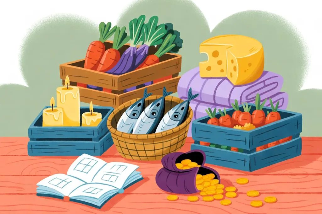 Storybook illustration of a market counter with crates of vegetables, a wheel of cheese, candles, a basket of fish, folded cloth, a ledger, and spilled coins.