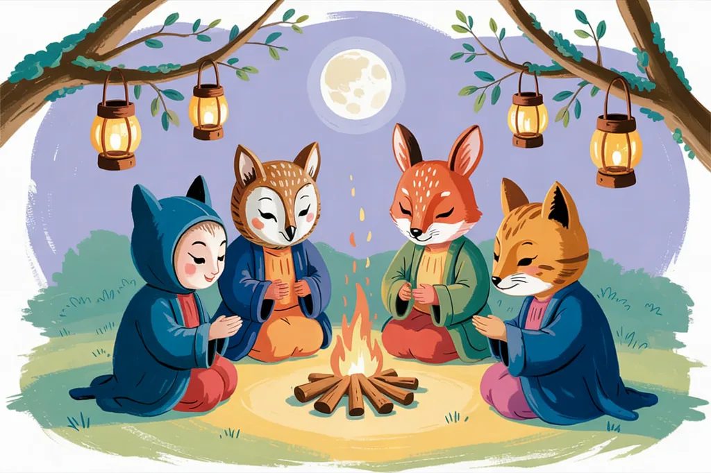 Storybook illustration of robed figures in owl, fox, and cat masks gathered around a small fire in a lantern-lit forest clearing under a full moon.