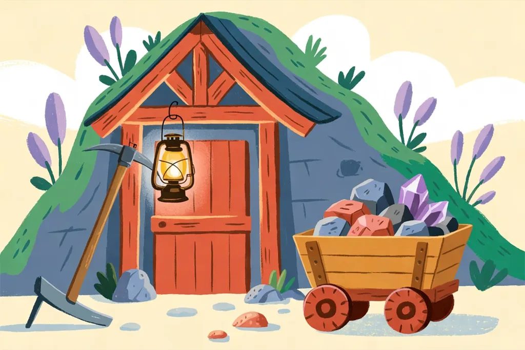 Storybook illustration of a timber mine entrance in a grassy hill, with a lantern, a pickaxe, and a cart of ore and amethyst.