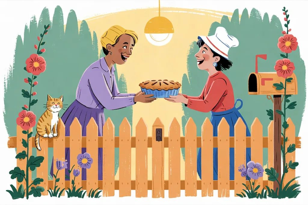 Storybook illustration of two neighbors laughing over a picket fence as one hands the other a pie, with a cat on the fence post and hollyhocks.