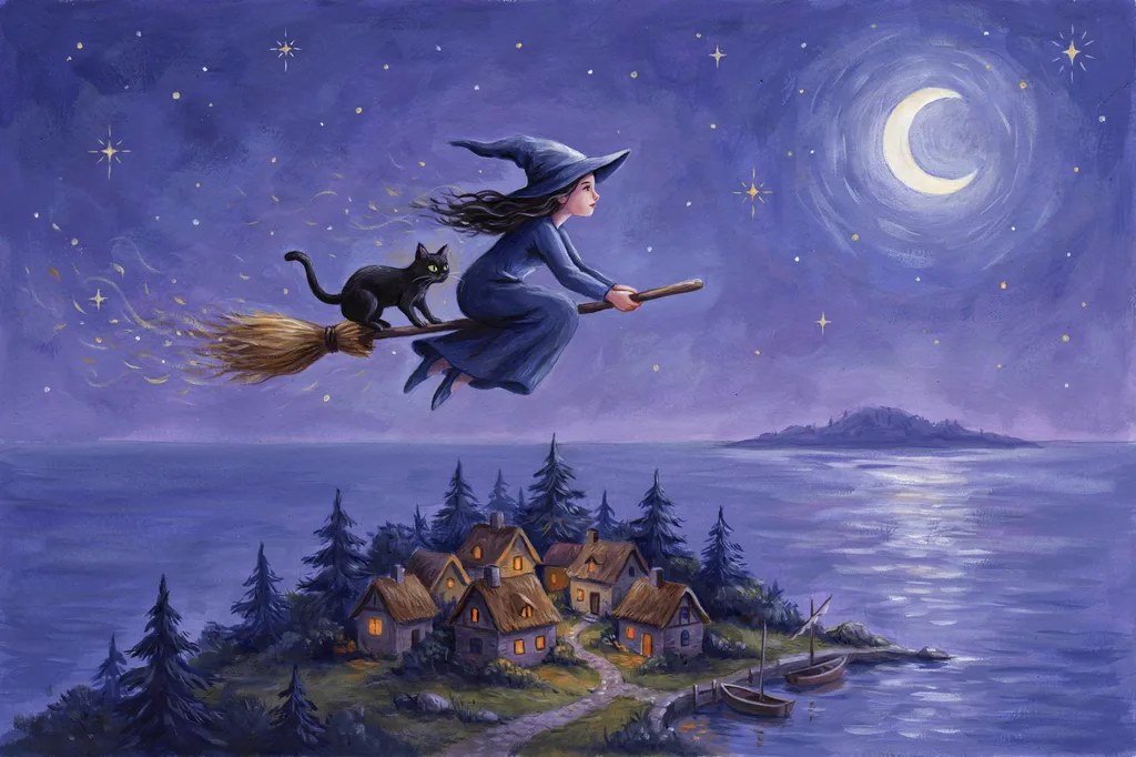 Fan art of a witch on a broomstick with a black cat aboard, flying over a moonlit island village.