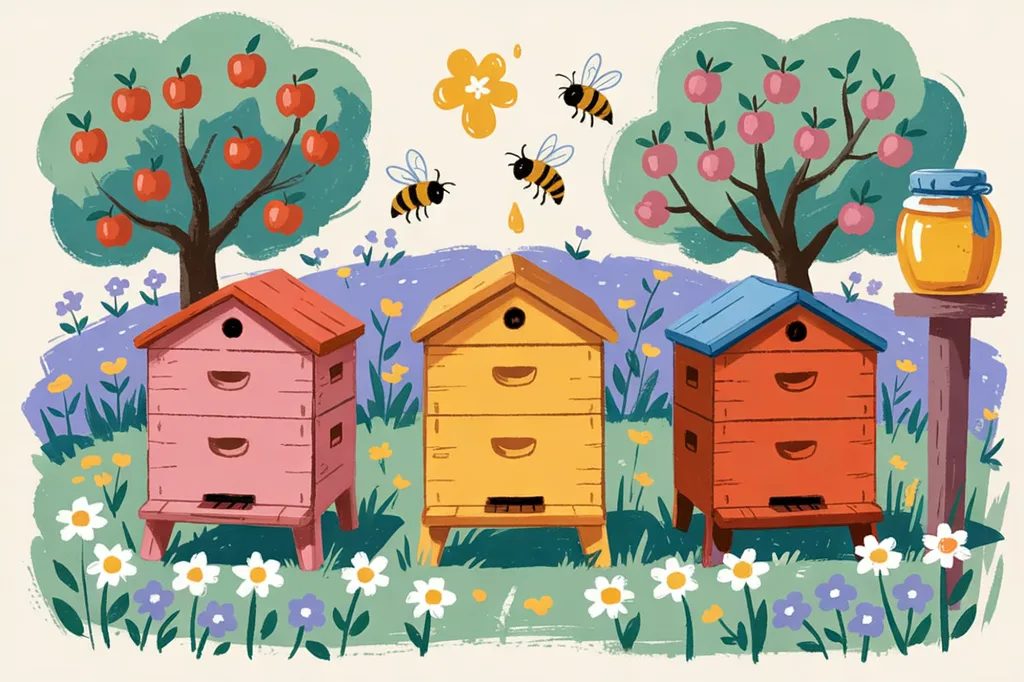 Storybook illustration of three painted beehives in a wildflower meadow between two fruit trees, with bees and a jar of honey on a post.