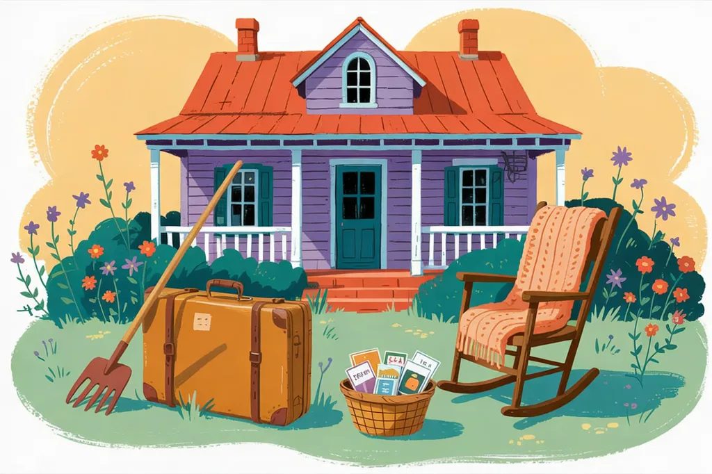 Storybook illustration of a lavender farmhouse with an overgrown garden, a suitcase, a garden fork, a basket of seed packets, and a rocking chair.