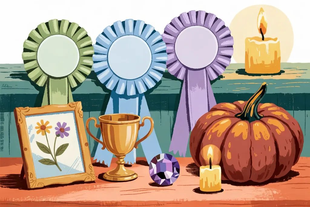 Storybook illustration of a wooden shelf of farm-fair prizes: rosette ribbons, a small gold trophy, a framed pressed flower, a violet gemstone, and a prize pumpkin.