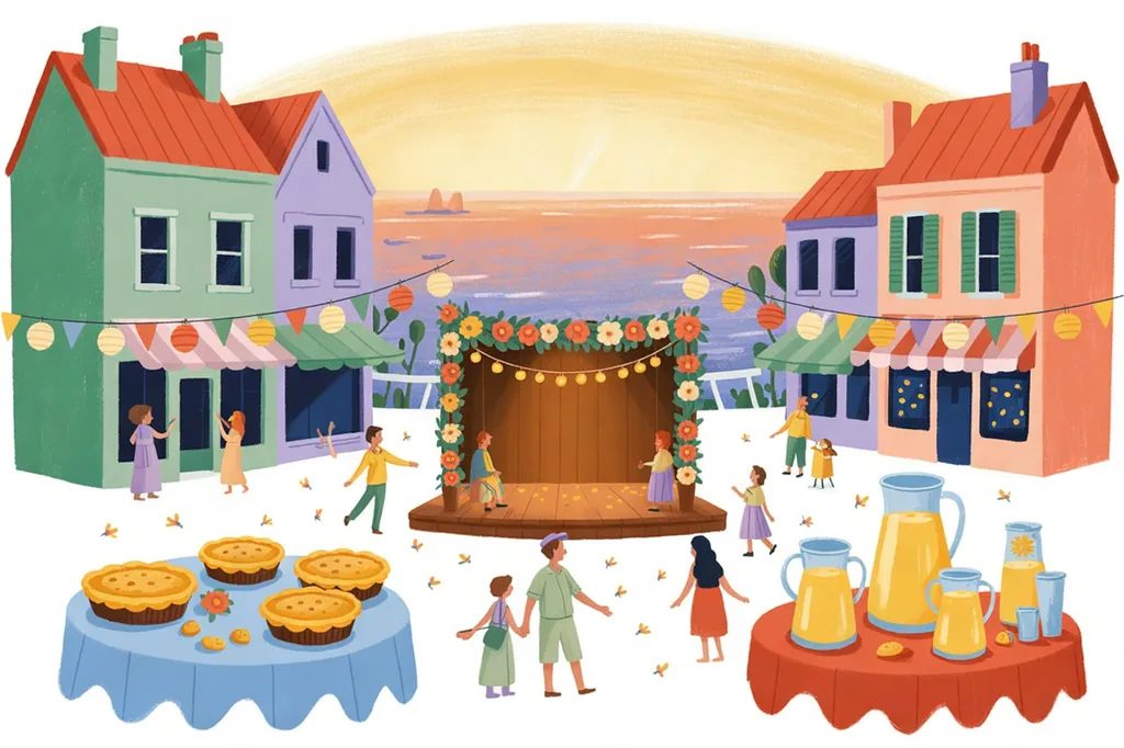 Storybook illustration of a seaside town square at sunset during a summer festival, with lanterns, a flower-covered stage, pies, and lemonade.