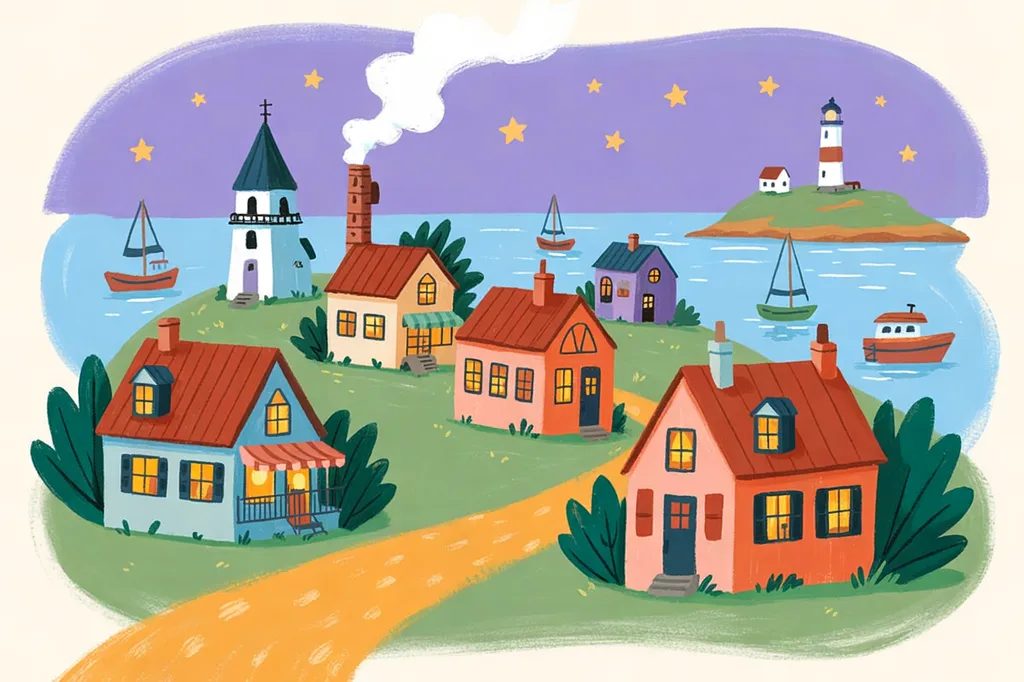 Storybook illustration of a small island village at dusk with lit windows, a steeple, boats in the harbor, and a lighthouse on a nearby islet.