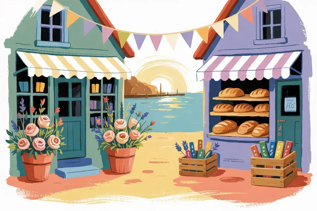 Storybook illustration of a seaside village square with a flower shop and a bakery under striped awnings, crates of seed packets, and bunting overhead.