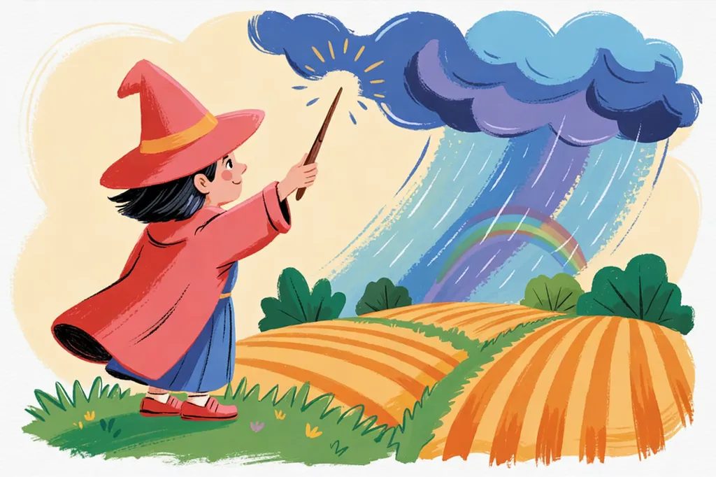 Storybook illustration of a young witch in a red hat on a hilltop pointing a wand at a rain cloud that showers the fields below, with a rainbow in the rain.