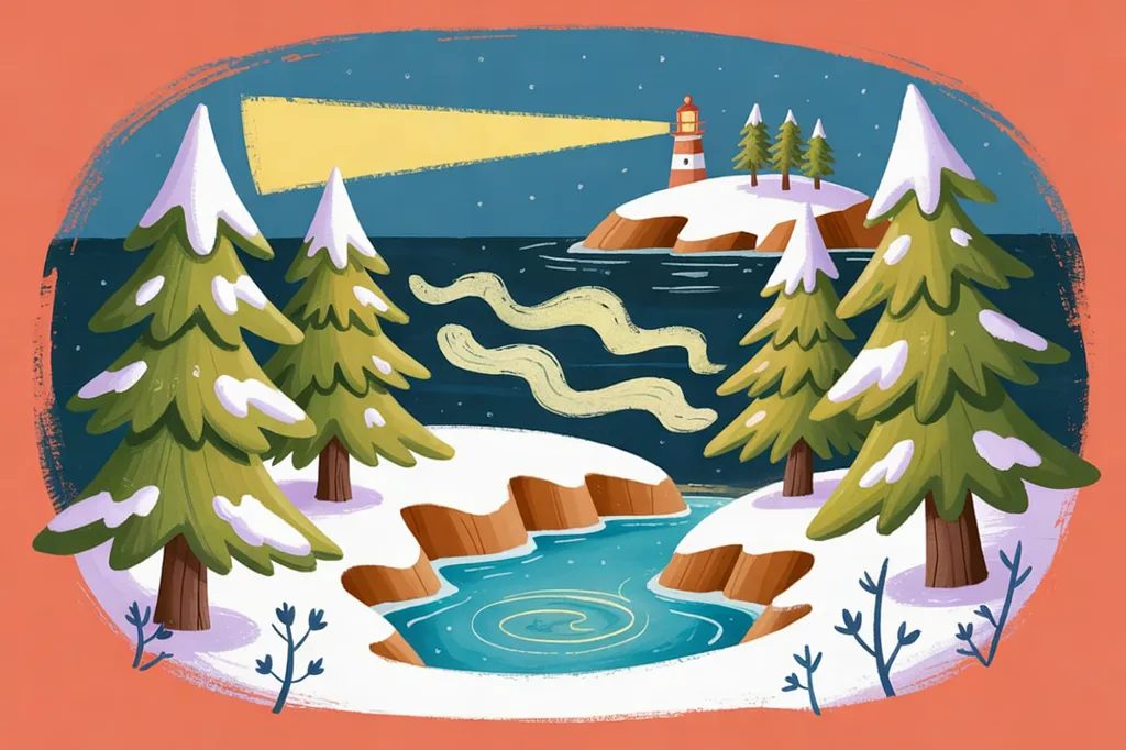 Storybook illustration of a snowy island at night with pine trees, a lighthouse beam over the sea, and pale wisps drifting toward a glowing blue spring.