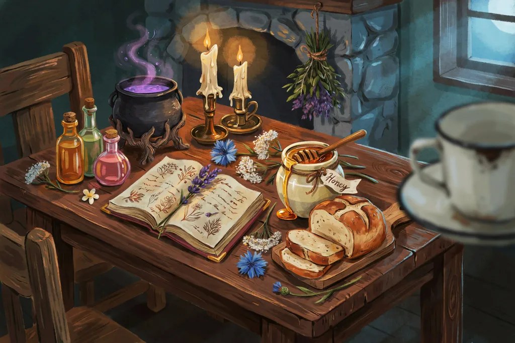 Fan art of a cozy witch's kitchen table with a cauldron, potions, spellbook, and fresh bread.