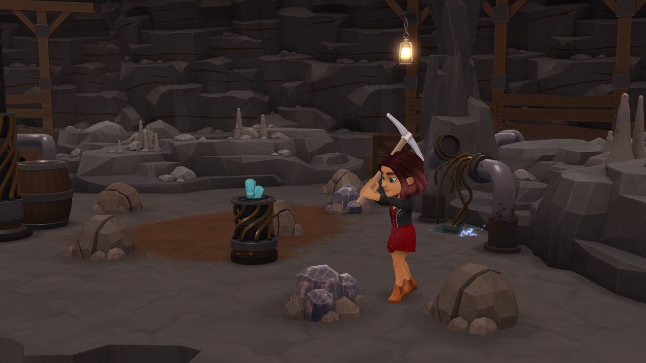 Tara swings a pickaxe at an ore deposit in the underground mine.
