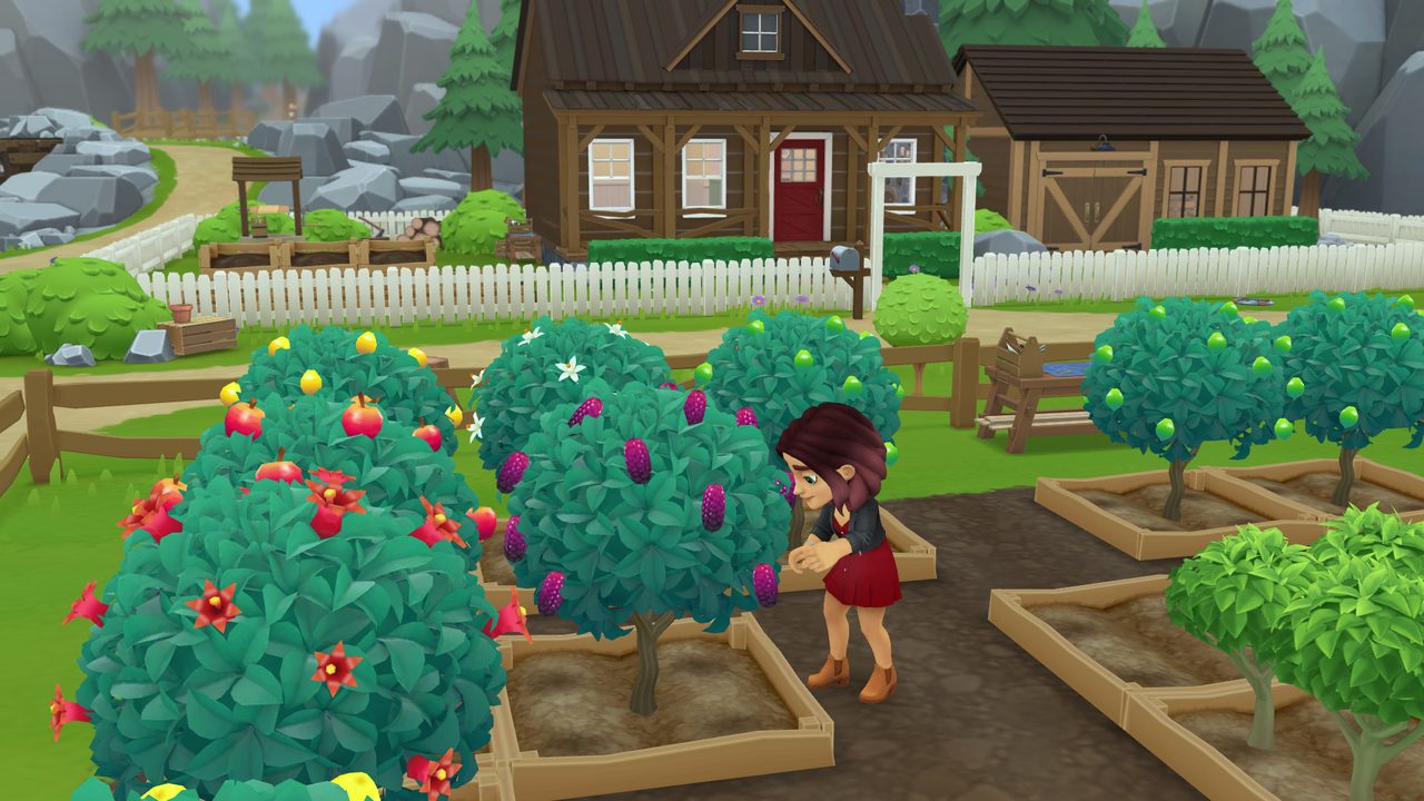 Tara picks fresh produce from raised garden beds.