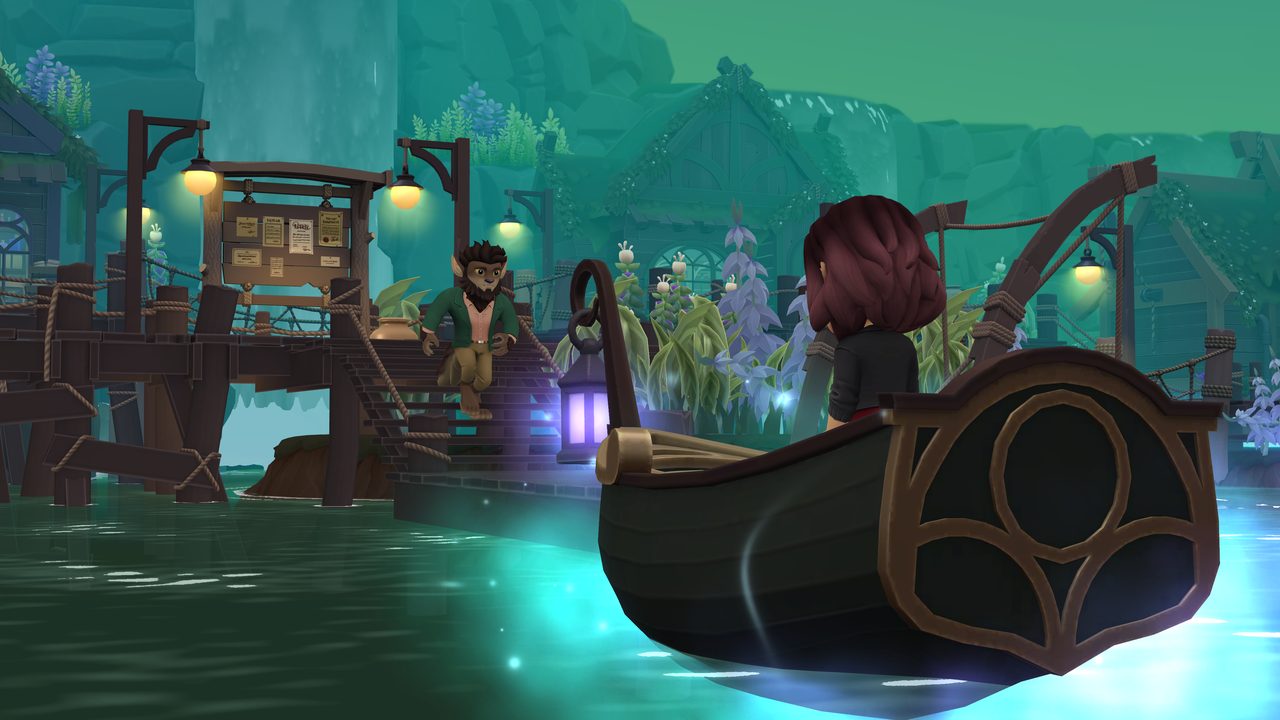Tara rides the repaired boat across the lake toward Ravenwood Hollow.