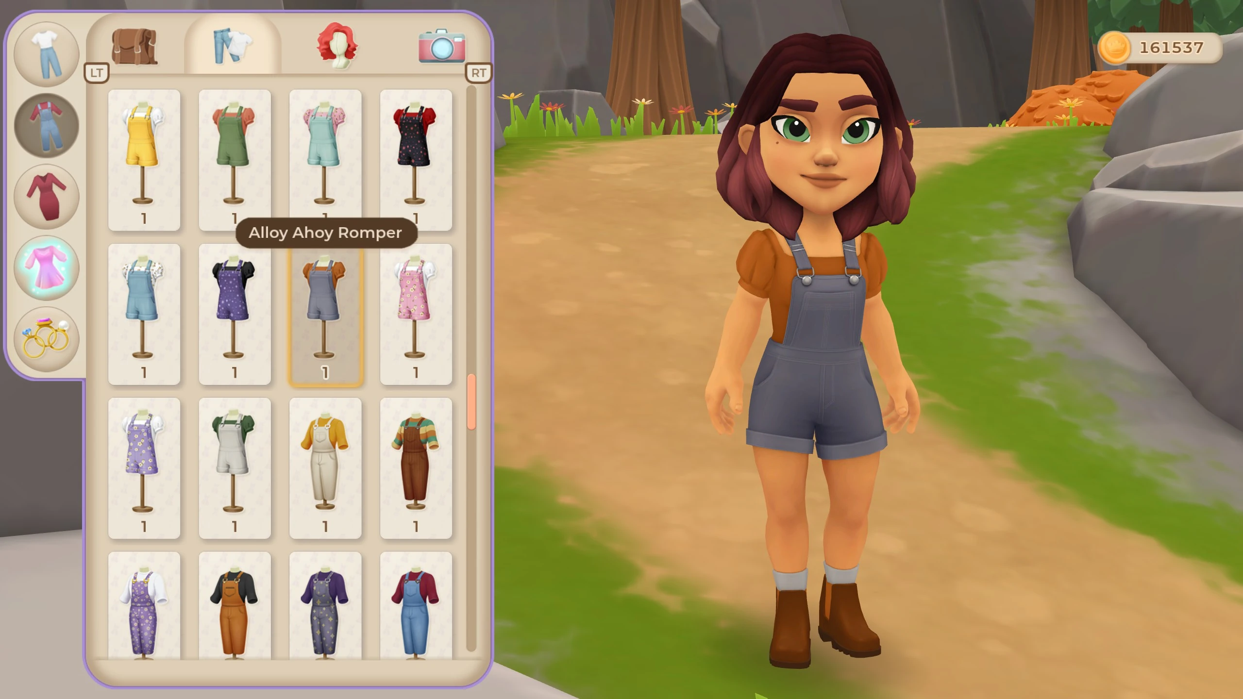 The in-game wardrobe menu open on the Alloy Ahoy Romper, with Tara modeling it on a woodland path.