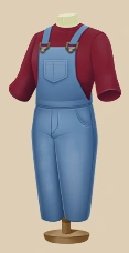 Maroon and Denim Overalls outfit on a mannequin