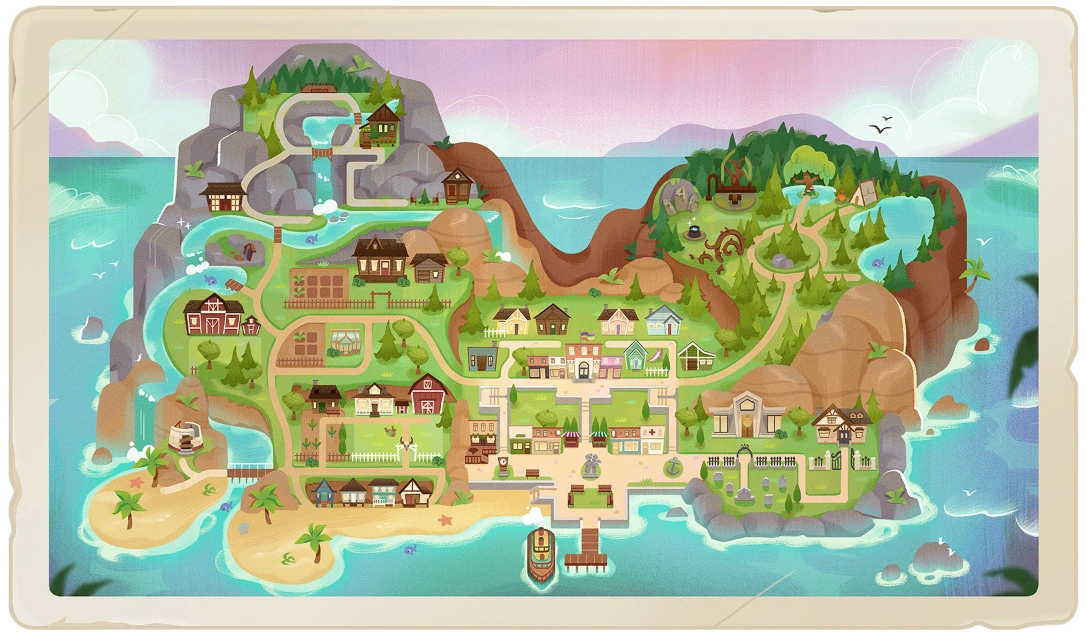 The illustrated map of Fairhaven island, with fishing and foraging spots marked.