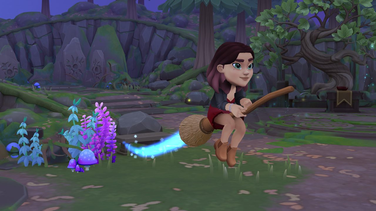 Tara flies over Fairhaven on a broomstick.