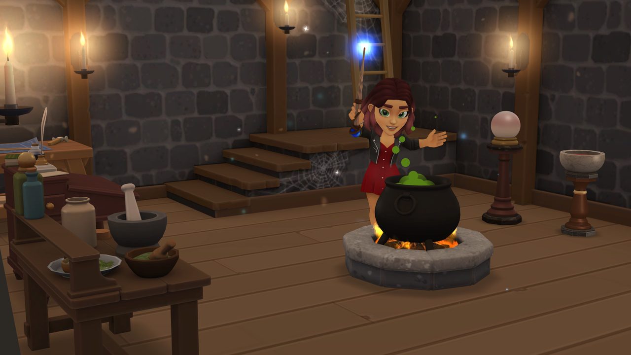 Tara raises a glowing wand beside a bubbling cauldron in the basement workroom.