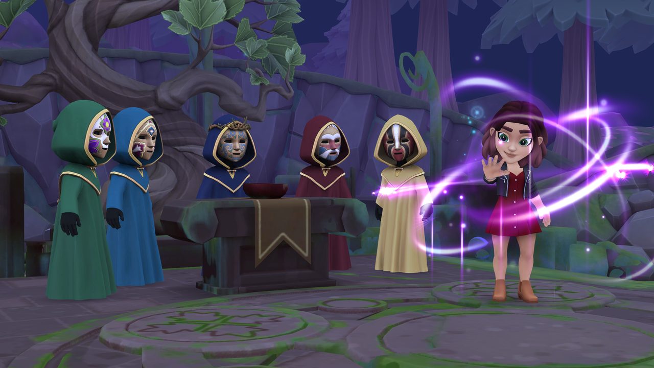 Tara stands in a candlelit circle with the masked Fairhaven coven during her initiation.