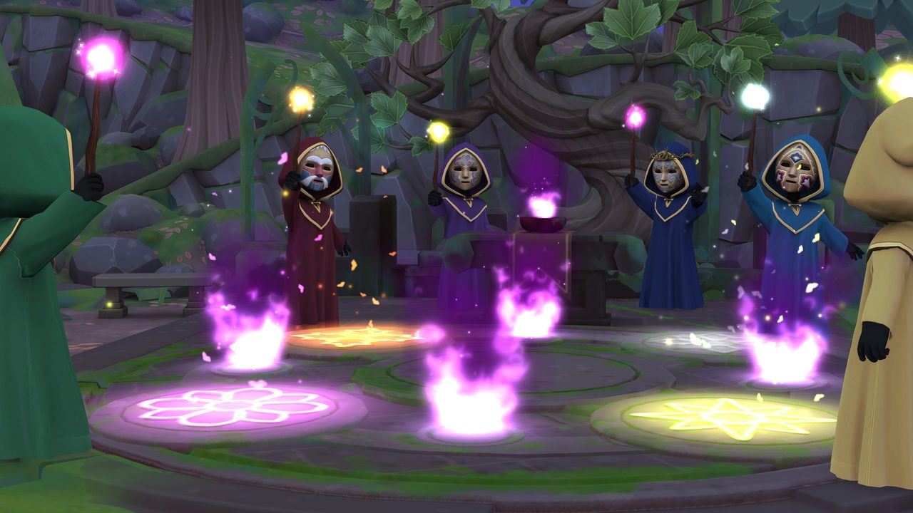 The coven performs a ritual around a stone circle at night.